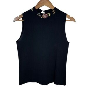 Vintage JAC Black Ribbed Sleeveless Beaded Mock Neck Shell Tank‎ Top Retro Girly